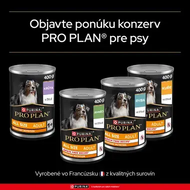 Štyri konzervy PRO PLAN pre psov s hmotnosťou 400 g v príchutiach morka v želé, jahňacie, ryba a kura v šťave, s textom „Vyro