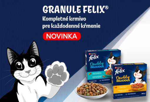 Mačka so zdvihnutou labkou a granulami Felix® Doubly Delicious, vyfotografované obaly s granulami