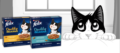Kočka vykukuje za stolom s produktmi Felix® Doubly Delicious