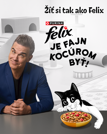 Robbie Williams a kocour Felix s miskou granulí
